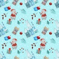 Christmas digital paper, New Year pattern with cartoon snowmen, ice palace, gifts and balls on a light blue background Royalty Free Stock Photo